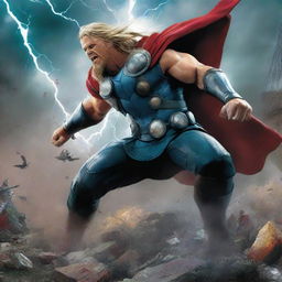 A high-quality digital art piece, featuring an epic clash between the God of Thunder and Gulk