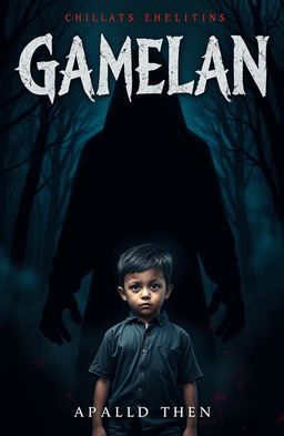 A chilling book cover design for a horror, mystery, dark novel featuring a young boy named Gamelan standing at the forefront