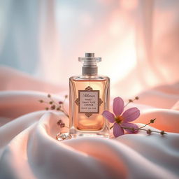 A stunning, artistic photograph of an elegant perfume bottle placed on a soft, luxurious fabric