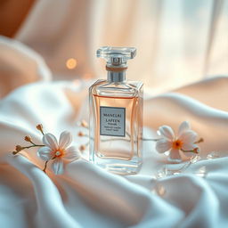 A stunning, artistic photograph of an elegant perfume bottle placed on a soft, luxurious fabric