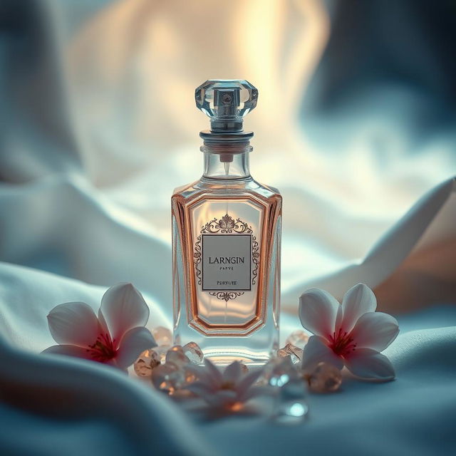 A stunning, artistic photograph of an elegant perfume bottle placed on a soft, luxurious fabric