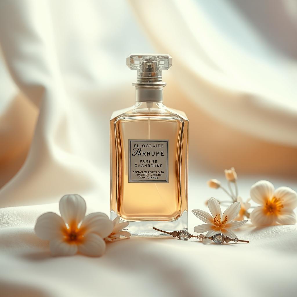 A stunning, artistic photograph of an elegant perfume bottle placed on a soft, luxurious fabric