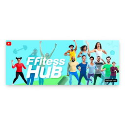 A vibrant and energetic cover photo for a YouTube channel titled 'Fitness Hub'