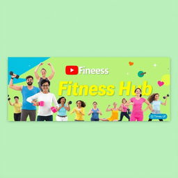 A vibrant and energetic cover photo for a YouTube channel titled 'Fitness Hub'