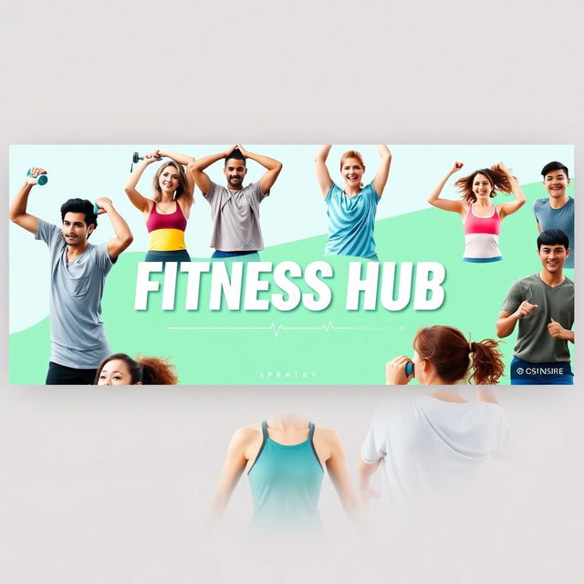 A vibrant and energetic cover photo for a YouTube channel titled 'Fitness Hub'