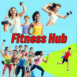 A vibrant and energetic cover photo for a YouTube channel titled 'Fitness Hub'