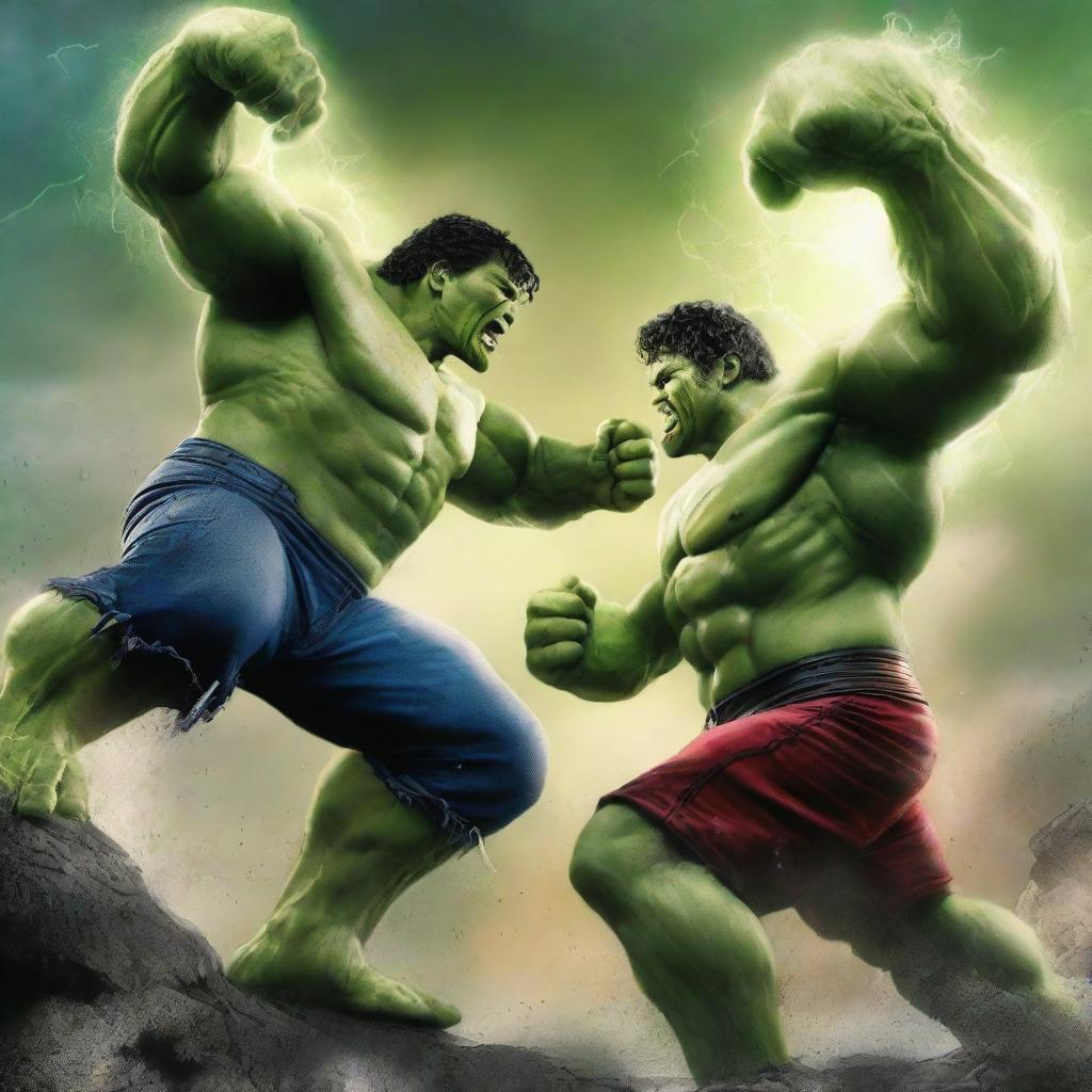 An intense digital art image showcasing a dramatic battle between the God of Thunder and the Hulk