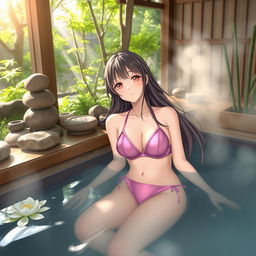 A Japanese girl relaxing in a serene hot spring, wearing a stylish pink bikini