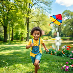 A vibrant outdoor scene featuring a lush green park with sunlight filtering through the leaves of tall trees, a serene pond reflecting the clear blue sky, and blooming flowers in various colors