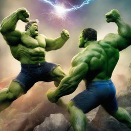 An intense digital art image showcasing a dramatic battle between the God of Thunder and the Hulk