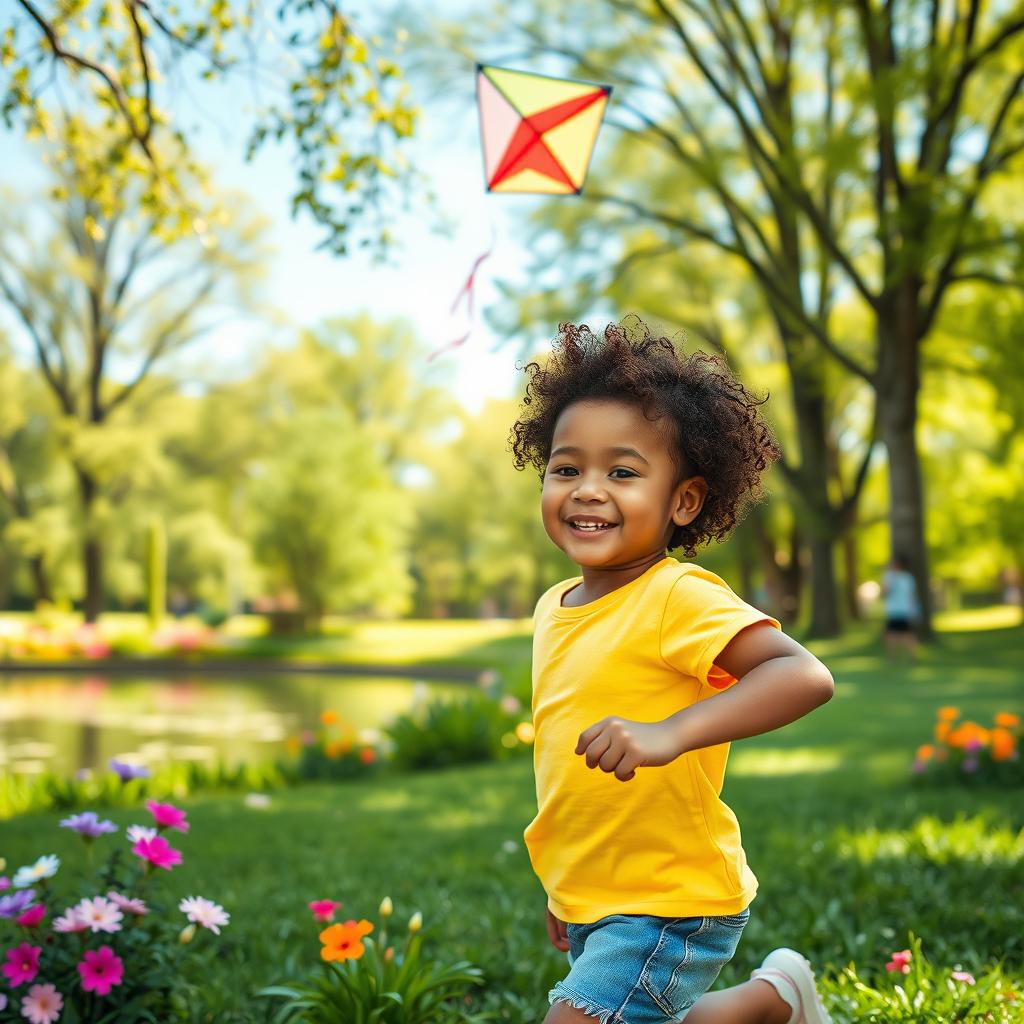 A vibrant outdoor scene featuring a lush green park with sunlight filtering through the leaves of tall trees, a serene pond reflecting the clear blue sky, and blooming flowers in various colors