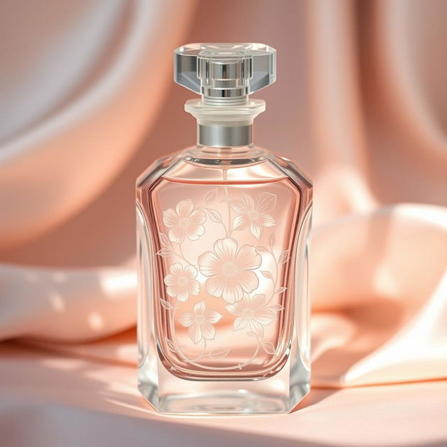 A beautifully designed bottle of perfume, elegant and sophisticated, made of crystal glass with intricate floral engravings