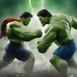 An intense digital art image showcasing a dramatic battle between the God of Thunder and the Hulk