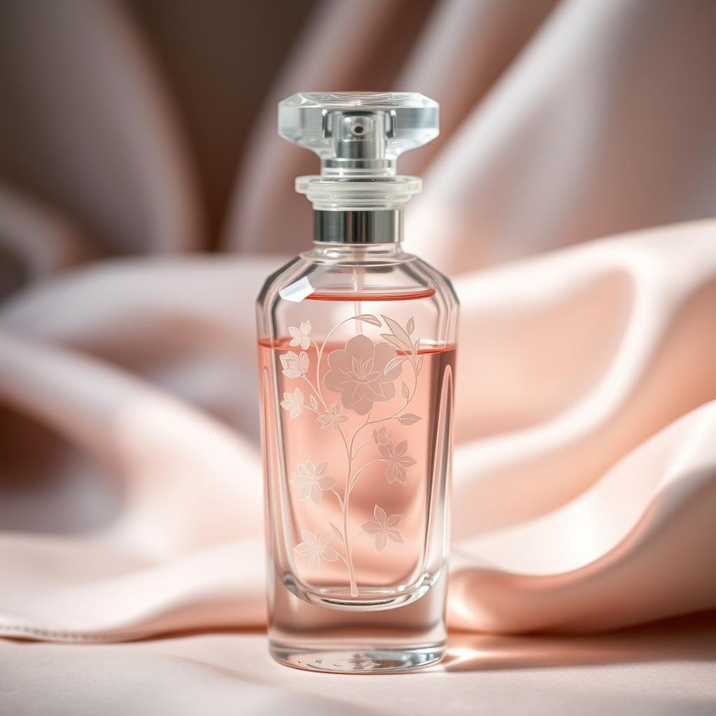 A beautifully designed bottle of perfume, elegant and sophisticated, made of crystal glass with intricate floral engravings