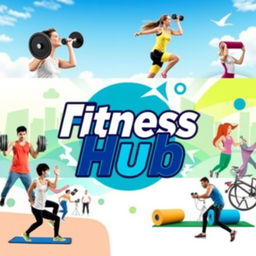 A vibrant and energetic cover photo for a YouTube channel titled 'Fitness Hub'