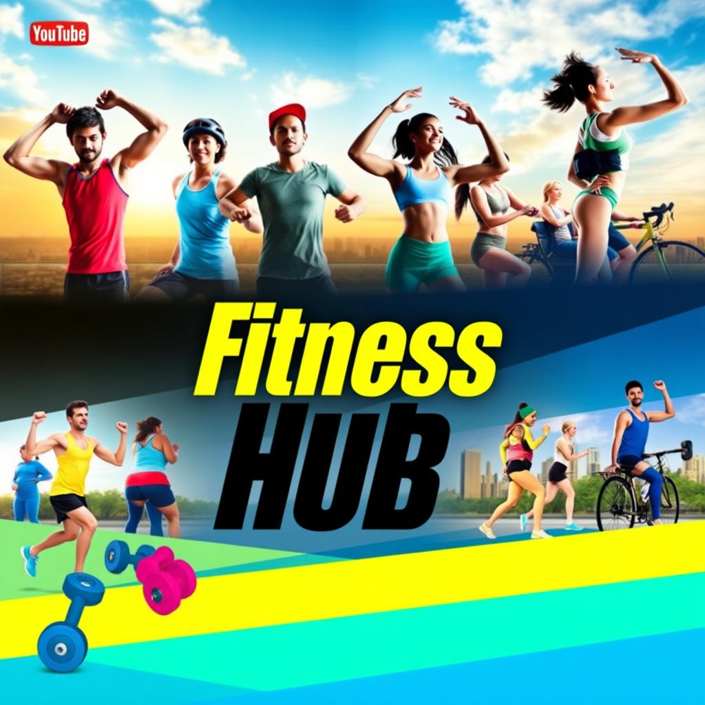 A vibrant and energetic cover photo for a YouTube channel titled 'Fitness Hub'