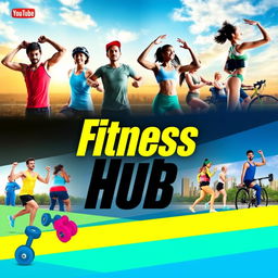 A vibrant and energetic cover photo for a YouTube channel titled 'Fitness Hub'