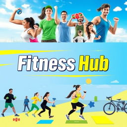 A vibrant and energetic cover photo for a YouTube channel titled 'Fitness Hub'