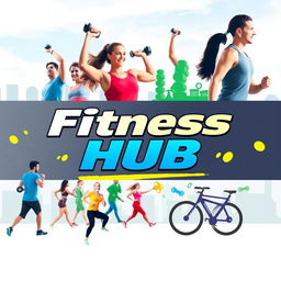A vibrant and energetic cover photo for a YouTube channel titled 'Fitness Hub'