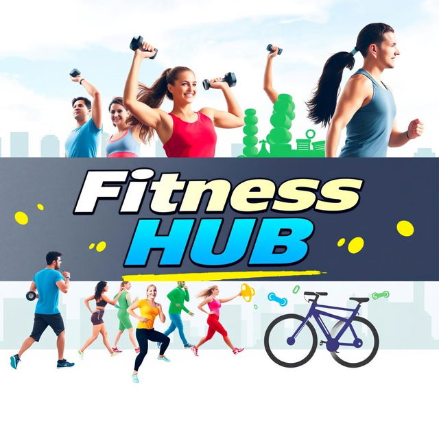 A vibrant and energetic cover photo for a YouTube channel titled 'Fitness Hub'