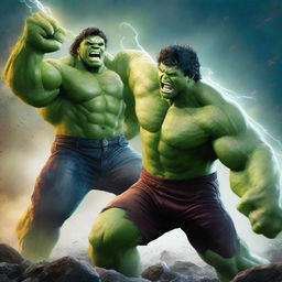 An intense digital art image showcasing a dramatic battle between the God of Thunder and the Hulk