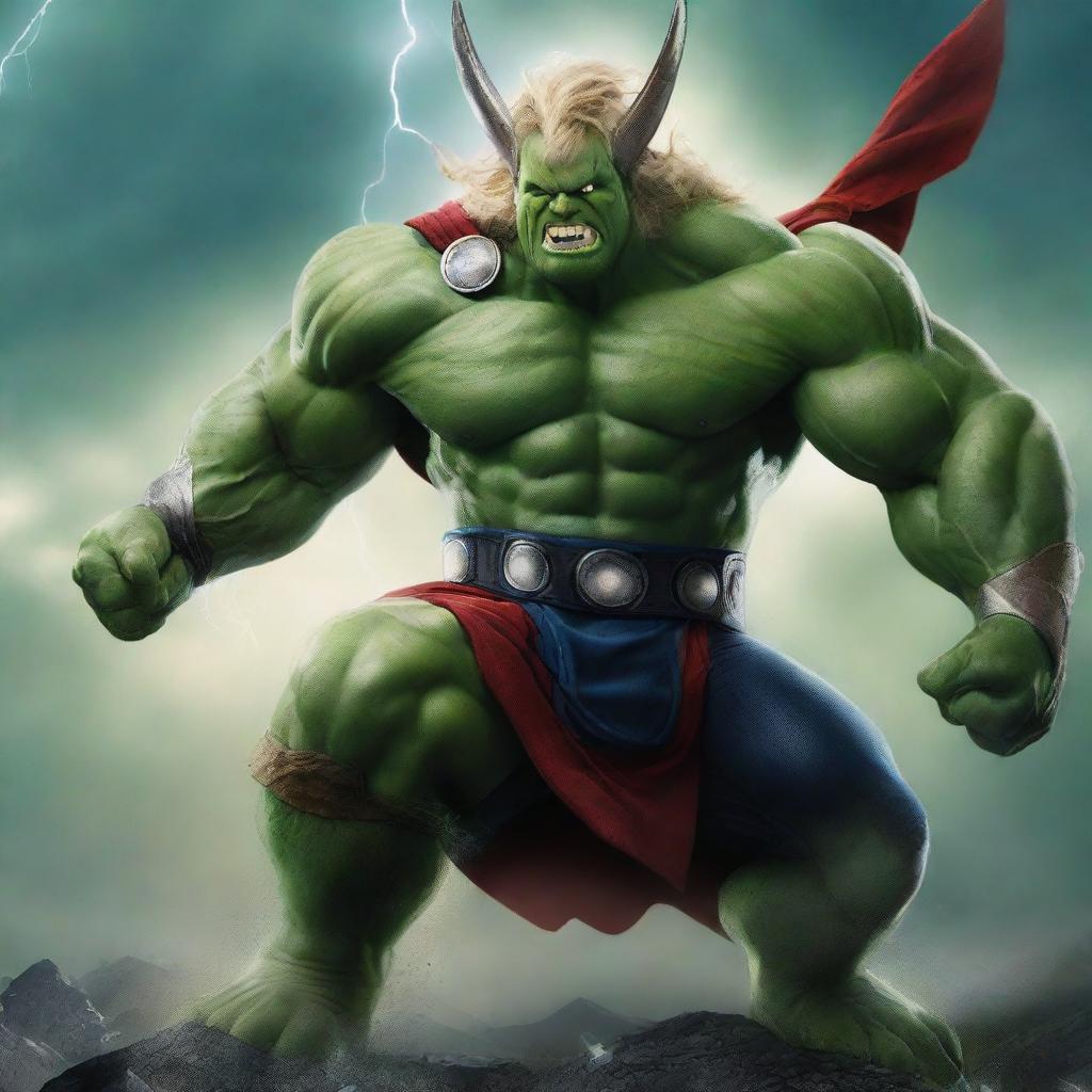 A high-resolution digital art image depicting the God of Thunder in a thrilling battle against the Hulk