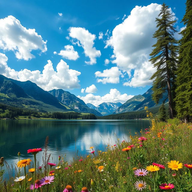 A stunning landscape featuring a serene lake surrounded by majestic mountains and lush greenery