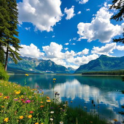 A stunning landscape featuring a serene lake surrounded by majestic mountains and lush greenery