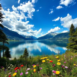 A stunning landscape featuring a serene lake surrounded by majestic mountains and lush greenery