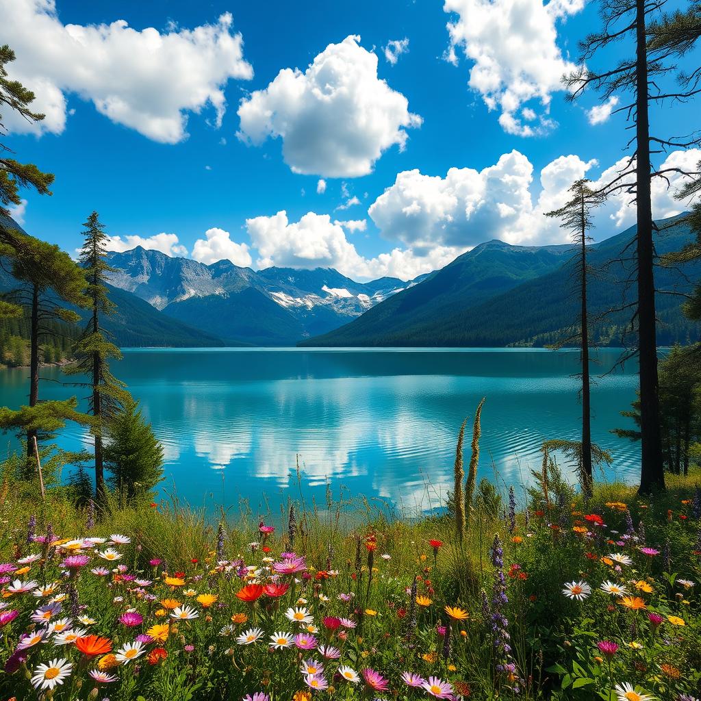 A stunning landscape featuring a serene lake surrounded by majestic mountains and lush greenery