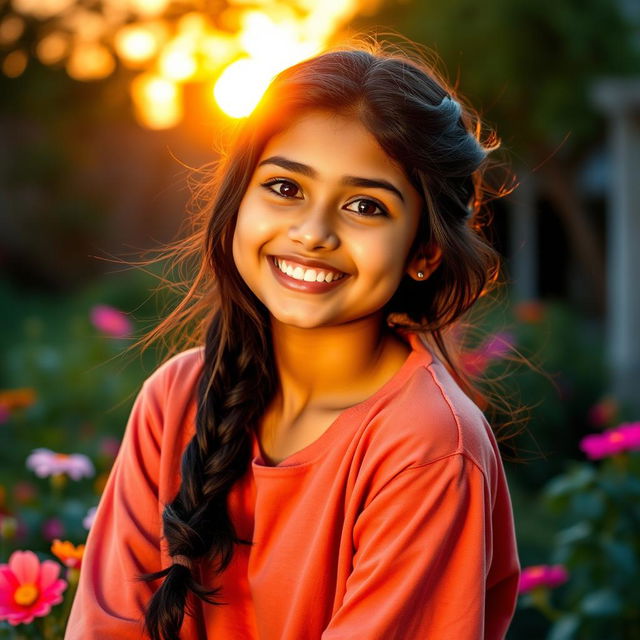 A stylish Indian teenager with an adorable smile, wearing casual home attire, twilight in a beautiful garden setting, with flowers around her