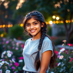 A stylish Indian teenager with an adorable smile, wearing casual home attire, twilight in a beautiful garden setting, with flowers around her