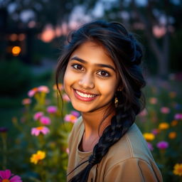 A stylish Indian teenager with an adorable smile, wearing casual home attire, twilight in a beautiful garden setting, with flowers around her