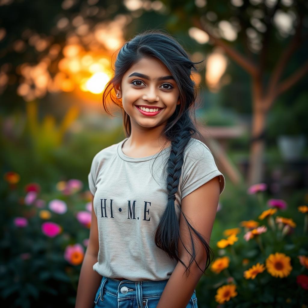 A stylish Indian teenager with an adorable smile, wearing casual home attire, twilight in a beautiful garden setting, with flowers around her