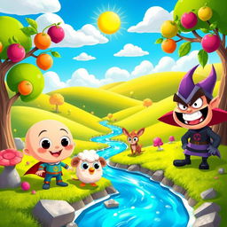 A whimsical 2D animation scene featuring colorful cartoon characters in a vibrant, fantastical landscape