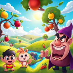 A whimsical 2D animation scene featuring colorful cartoon characters in a vibrant, fantastical landscape