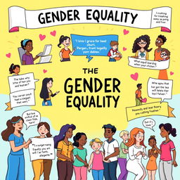 A vibrant and engaging cartoon-style poster that highlights the importance of gender equality
