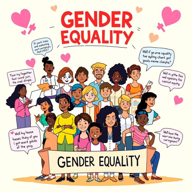 A vibrant and engaging cartoon-style poster that highlights the importance of gender equality