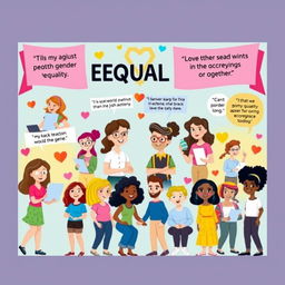 A vibrant and engaging cartoon-style poster that highlights the importance of gender equality