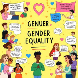 A vibrant and engaging cartoon-style poster that highlights the importance of gender equality