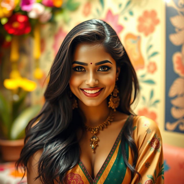 A beautiful Indian woman exuding confidence and allure, with a warm smile on her face