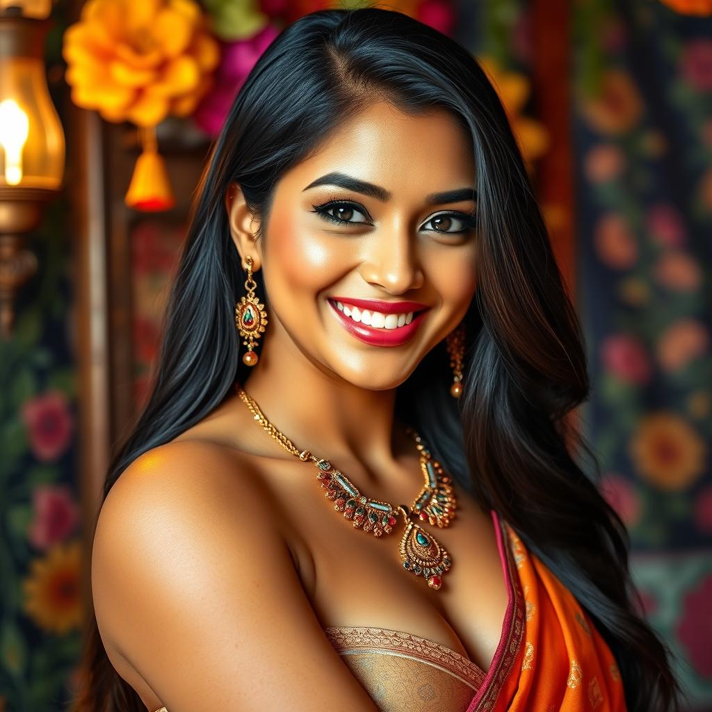 A beautiful Indian woman exuding confidence and allure, with a warm smile on her face