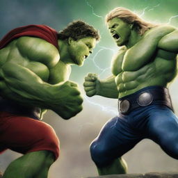 A high-quality digital art image captures an intense showdown between Hulk and Thor