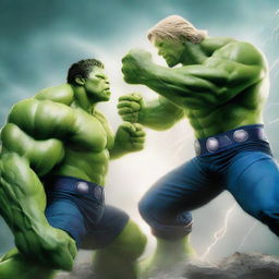 A high-quality digital art image captures an intense showdown between Hulk and Thor