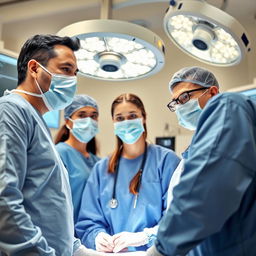 A highly sterile surgical team in a brightly lit operating room, showcasing a diverse group of highly focused and attentive medical professionals in scrubs and masks