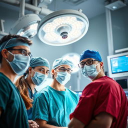 A highly sterile surgical team in a brightly lit operating room, showcasing a diverse group of highly focused and attentive medical professionals in scrubs and masks