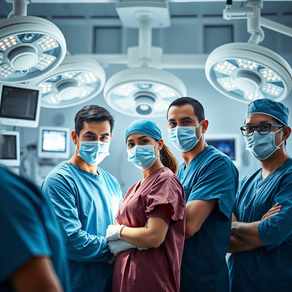 A highly sterile surgical team in a brightly lit operating room, showcasing a diverse group of highly focused and attentive medical professionals in scrubs and masks