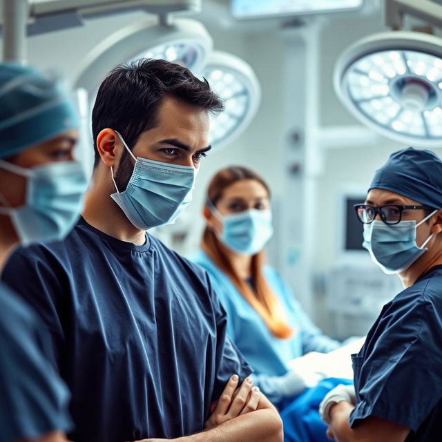 A highly sterile surgical team in a brightly lit operating room, showcasing a diverse group of highly focused and attentive medical professionals in scrubs and masks