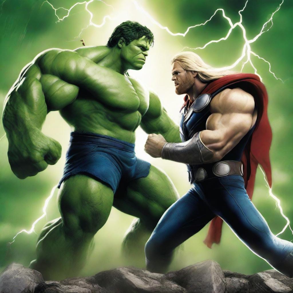 A high-quality digital art image captures an intense showdown between Hulk and Thor