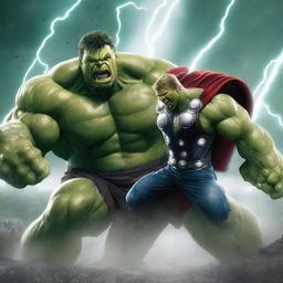 A high-quality digital art image captures an intense showdown between Hulk and Thor